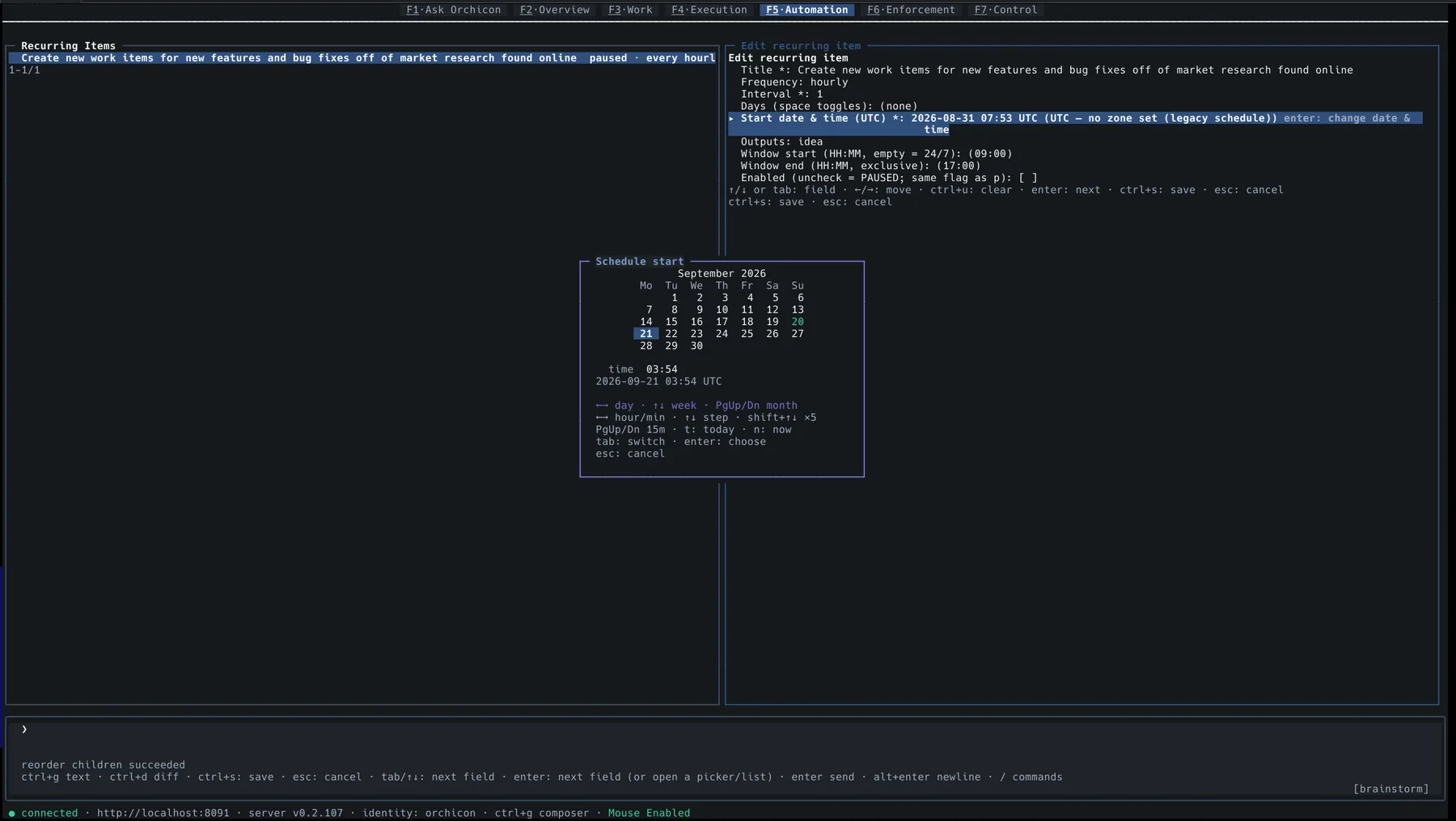 orch F5 Automation: editing a recurring item with a calendar date picker.