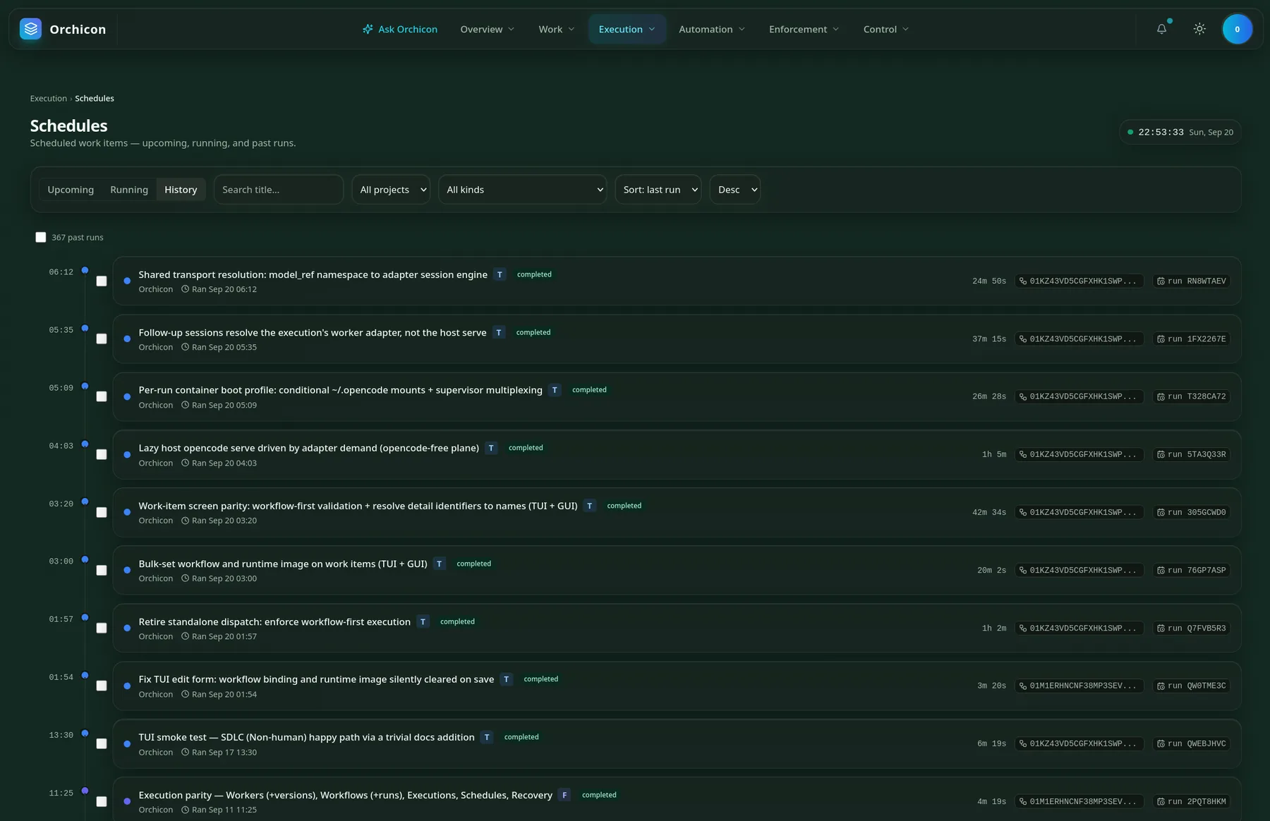Schedules history: 367 past runs with durations, workflow and run identifiers.