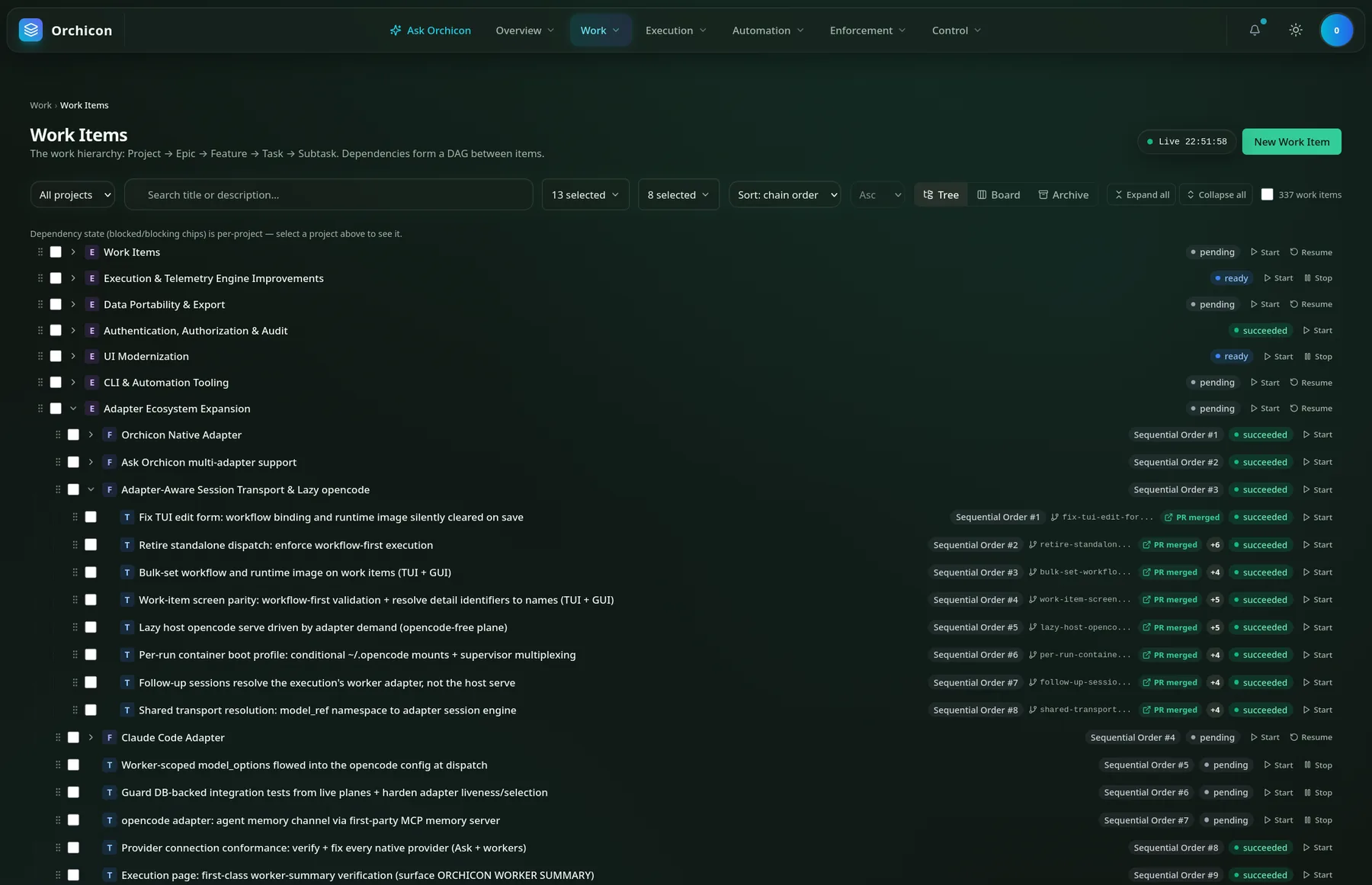 Work items tree: epics, features and tasks with sequential order, branch names, merged pull requests and status.