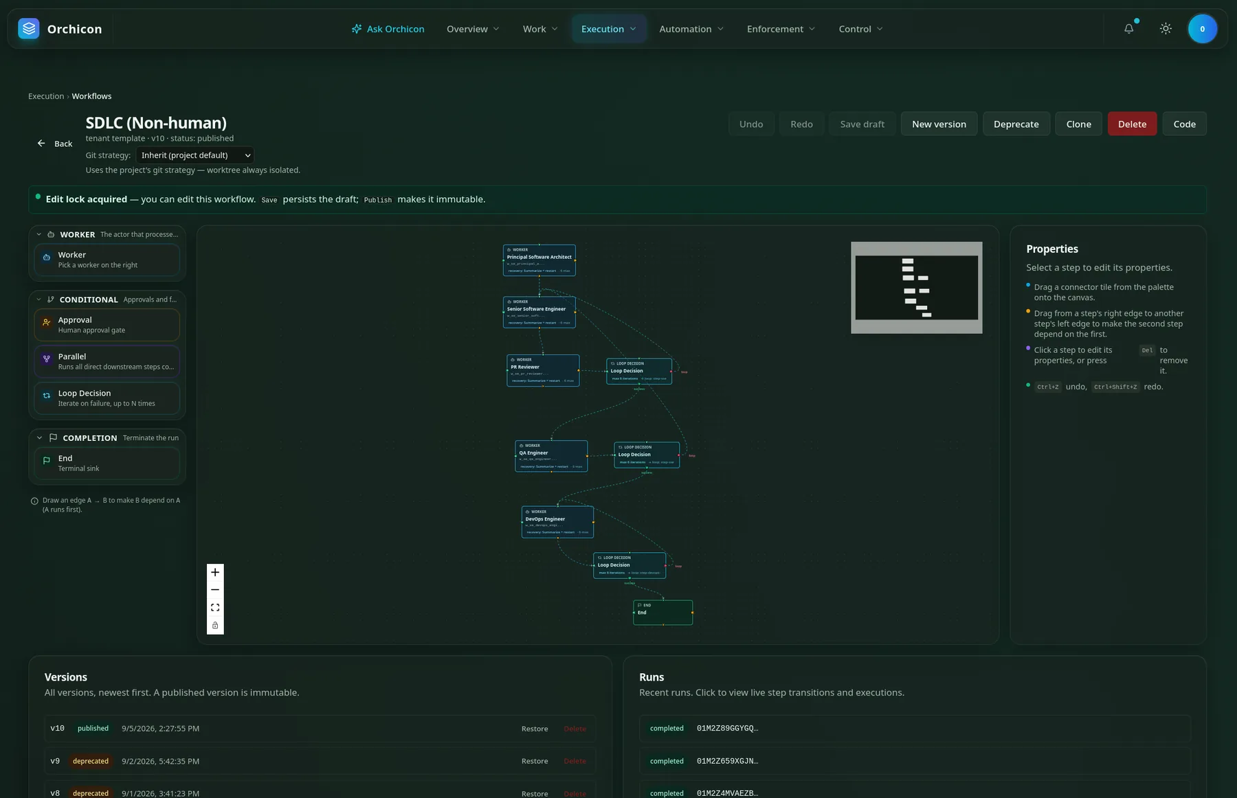 Visual workflow editor with the SDLC Non-human workflow, a palette of steps and a properties panel.